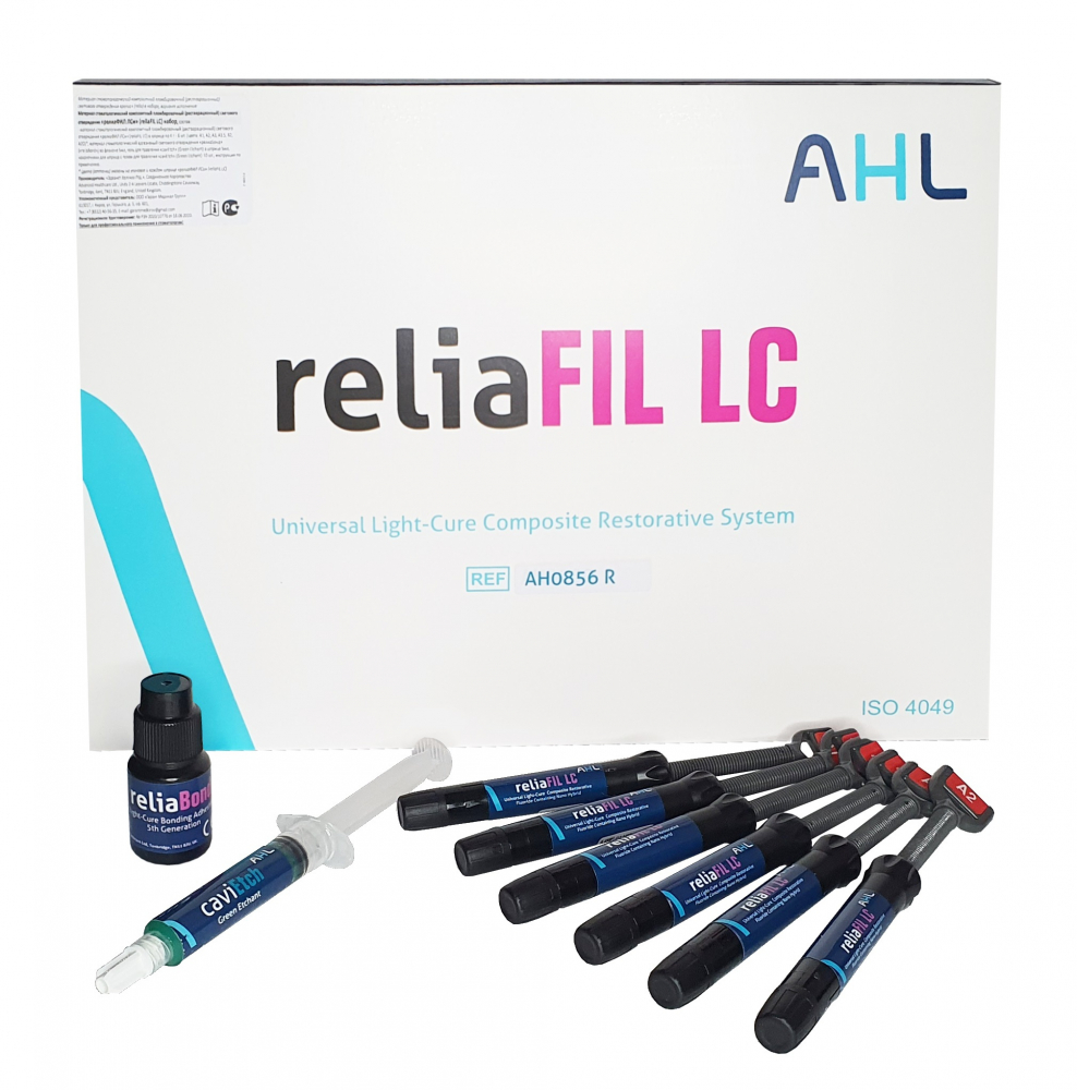 РЕЛИАФИЛЛ LC НАБОР / ReliaFIL LC KIT, универсальный наногибридный композит, /А1, A2, A3, A3.5, B2, А2О по 4 гр., адгезив V поколения объемом 5 мл., гель для травления объемом 5 мл./, AHL, Соединенное Королевство