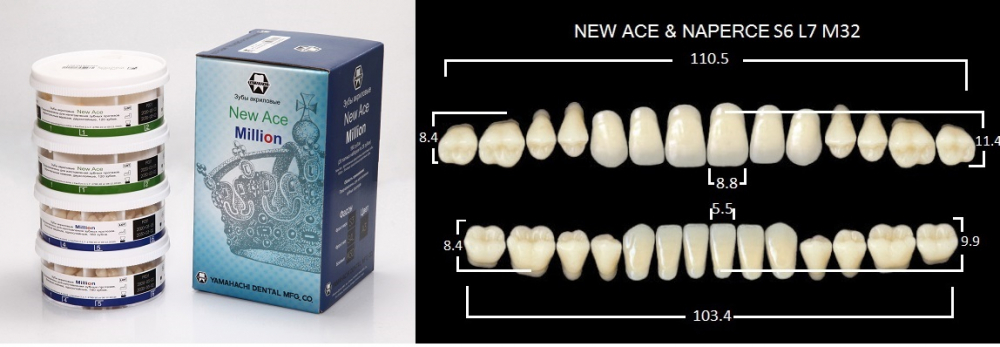 Зубы акриловые NEW ACE/NEW MILLION /20 гарнитуров/, A3.5/S6, YAMAHACHI