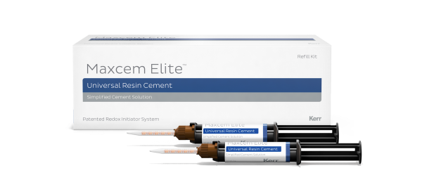Цемент МАКСЦЕМ ЭЛИТ желтый / MAXCEM ELITE желтый, цемент двойного отверждения. 1 упаковка /2 шприца по 5 гр. желтого оттенка, 10 стандартных смесительных, 10 интраоральных насадок, 10 насадок с широким наконечником/, Kerr, Италия