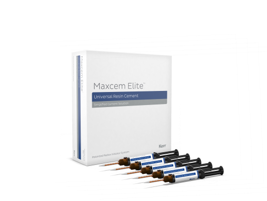 Цемент МАКСЦЕМ ЭЛИТ СТАНДАРТ / MAXCEM ELITE STANDART KIT, самоадгезивный, 1 набор /5 шприцев по 5 гр., 2 прозрачных, белый, бежевый, опак, желтый, 5 стандартных смесительных насадок, 4 насадки с широким наконечником, 4 интраоральные насадки/, Kerr, Италия