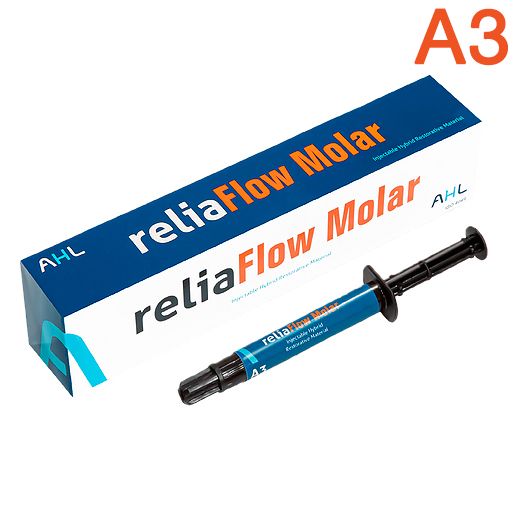 РЕЛИАФИЛЛ ФЛОУ МОЛЯР A3 / ReliaFlow Molar A3, текучий /НИЗКОМОДУЛЬНЫЙ/ наногибридный композитный материал, 1 шприц /2 гр./, AHL