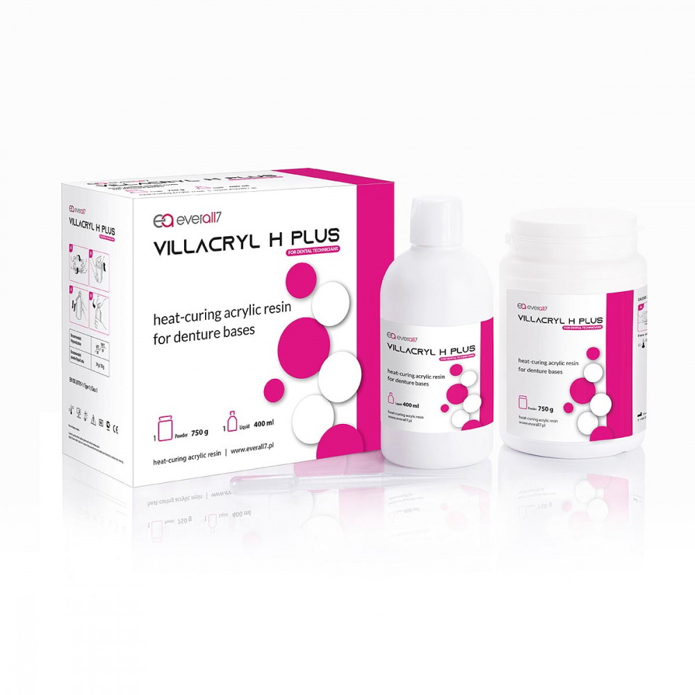 ВИЛЛАКРИЛ H PLUS МИНИ НАБОР / VILLACRYL H PLUS MINI KIT, пластмасса горячей полимеризации, V4 - розовый с прожилками, /300 гр. порошок + 150 мл. жидкость/, Everall7 Sp.z o.o., Польша