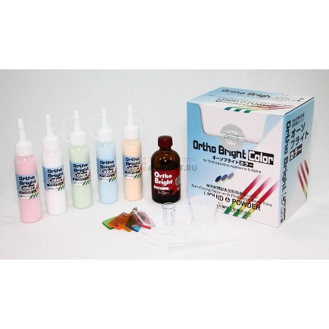 ОРТО БРАЙТ КОЛОР КИТ / Ortho Bright Color Kit, набор пластмасс для ортодонтии, 1 уп. /5 цветов: прозрачный, голубой, розовый, оранжевый, зелёный по 50 гр., жидкость для замешивания 70 мл., силиконовый стаканчик для замешивания, пипетка, 3 насадки для пипе
