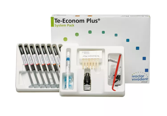 ТЕ-ЭКОНОМ СИСТЕМ ПАК / TE-ECONOM PLUS SYSTEM PACK, светоотверждаемый гибридный композит, 1 набор /8 шприцев по 4 гр. /цветов A1, А2 и B2 по 2 шт., А3, А3.5/, 1 шприц Eco-Etch 2 гр., 1 бутылочка Te-Econom Bond 5 гр., 1 расцветка, различные принадлежности/,
