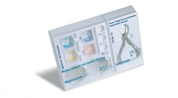 Система Hawe Blue Adapt Sectional Matrix Kit, система для односторонней композитной реставрации боковых зубов 1 упаковка /200 голубых секционных матриц в ассортименте /4 вида по 50 шт./, 200 апроксимальных формочек, 1 хирургические щипцы, клинья Adapt Luc
