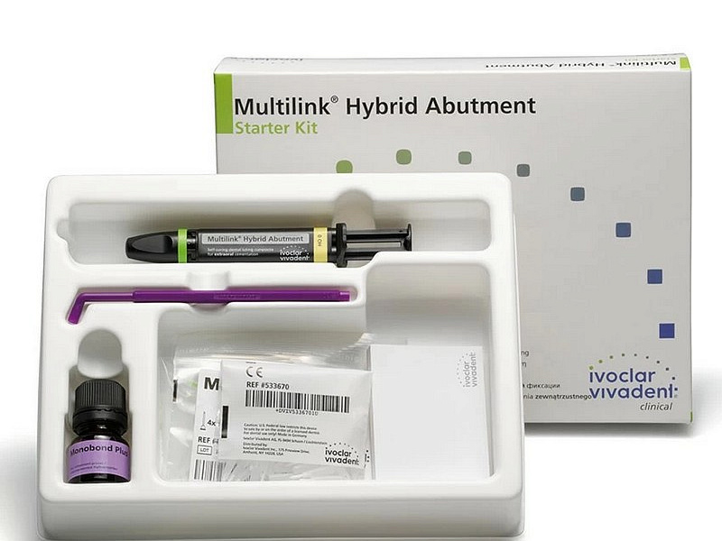 МУЛТИЛИНК ГИБРИД АБАТМЕНТ СТАРТЕР КИТ HO 0 / Multilink Hybrid Abutment Starter Kit HO 0, самотвердеющий фиксирующий композит для постоянного склеивания керамических структур, 1 уп. /шприц 2.5 гр., Monobond Plus адгезив 1x1 гр., смешивающие насадки 4шт., б