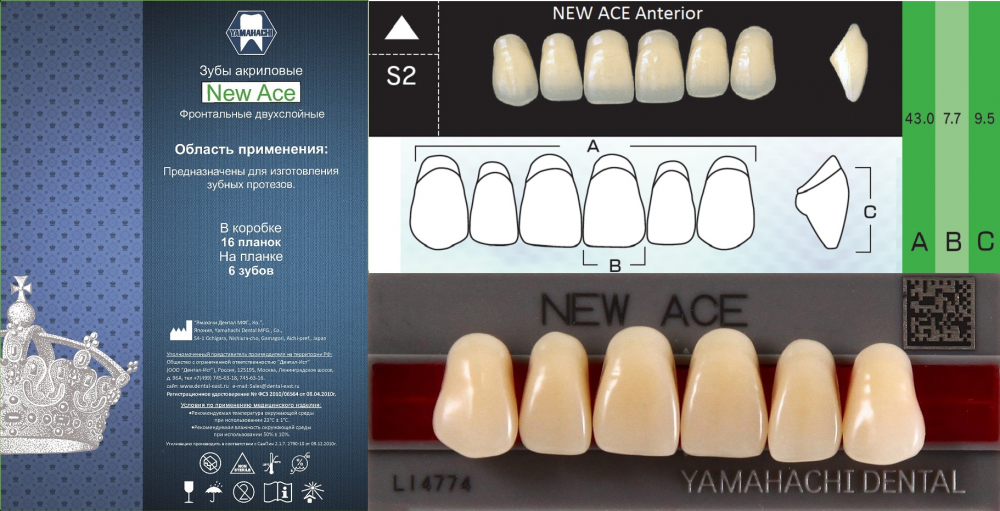 Зубы акриловые NEW ACE ANTERIOR фронтальные верхние C2, S2 /планка 6 зубов/, YAMAHACHI, Япония