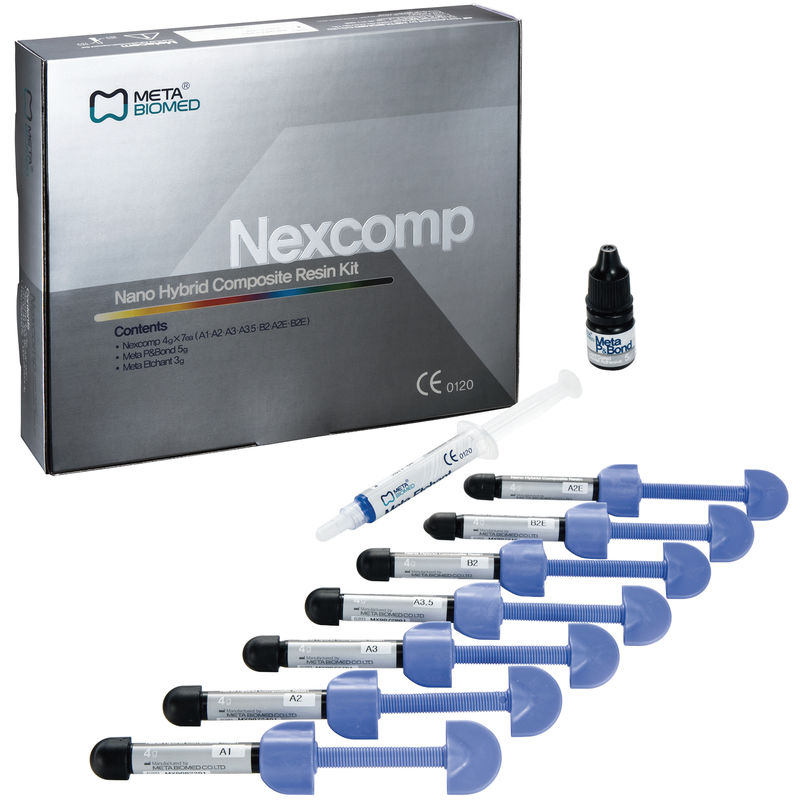 НЕКСКОМП ЛЕГРИН / NEXCOMP LEGRIN, наногибридный рентгеноконтрастный композит, 1 набор /7 шприцев: А1, А2, А3, А3.5, ОА2, ОА3, В2 по 4 гр. + бонд, протравочный гель, аксессуары/ Meta Biomed