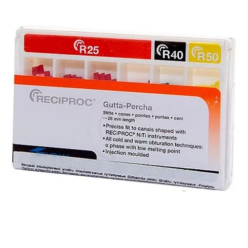 Штифты гуттаперчевые RECIPROC, /АССОРТИ /40×R25, 10×R40, 10×R50/, 60 шт., VDW