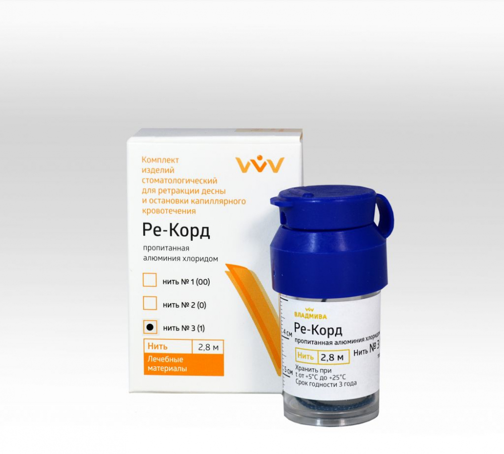 Нить ретракционная пропитанная алюминием хлорида РЕ-КОРД №0 /000/, синяя, 280 см., Владмива, Россия